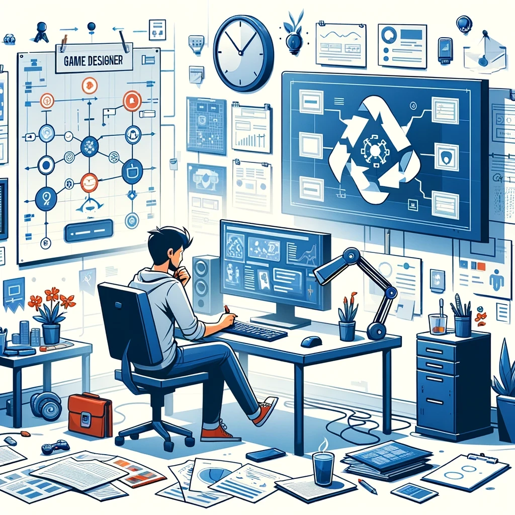 DALL·E 2024-02-26 16.33.40 - Illustration of a Game Designer at their creative workspace, surrounded by game design documents, flowcharts, and a computer screen displaying game de.webp