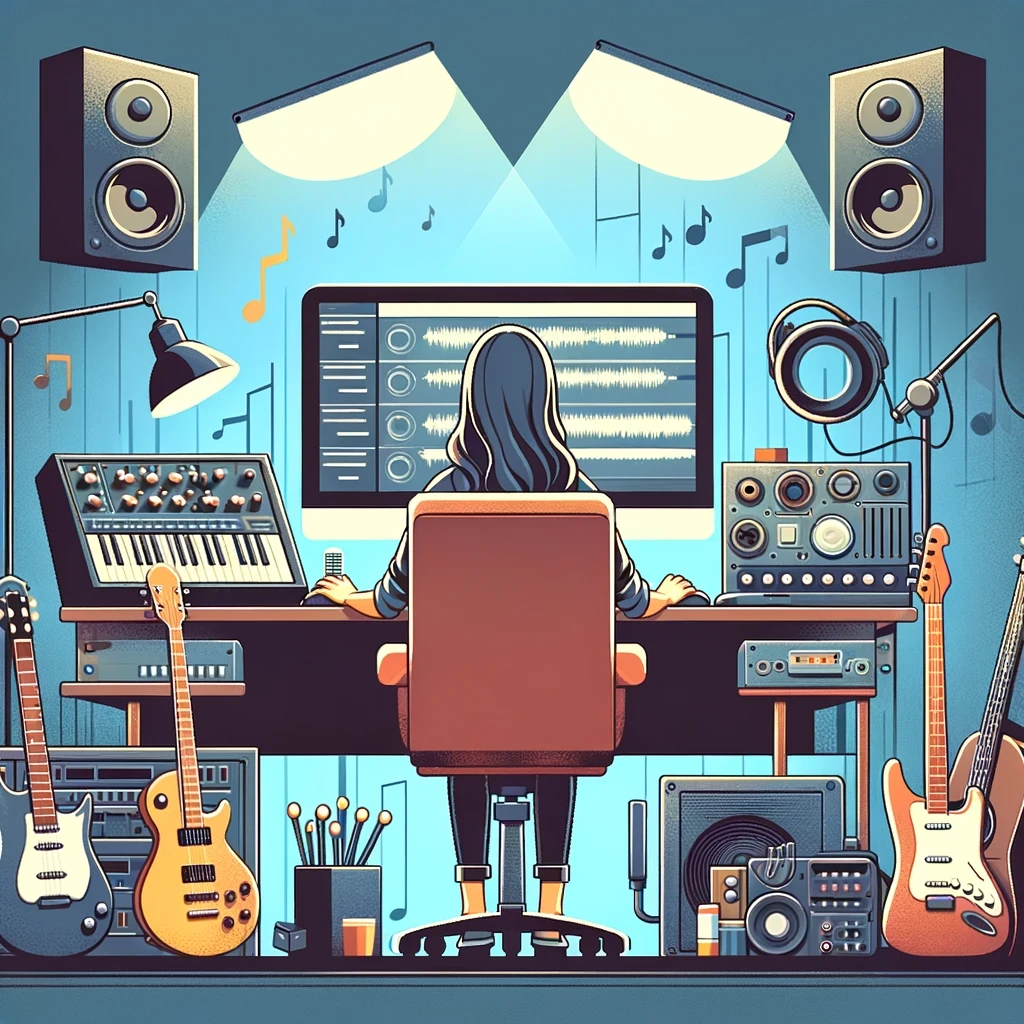 DALL·E 2024-02-26 16.34.10 - Illustration of a female Sound & Music Designer at her creative workspace, surrounded by musical instruments, a mixing console, and a computer display.webp