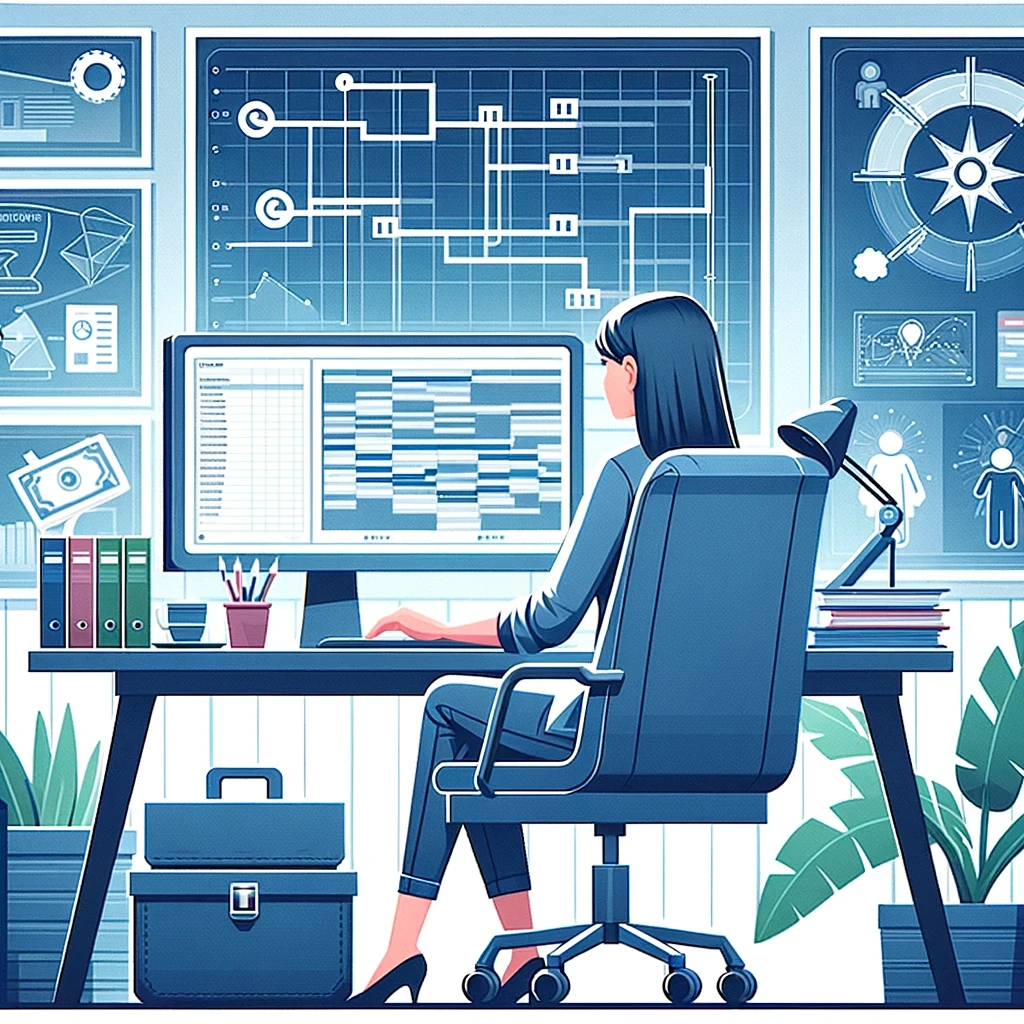DALL·E 2024-02-26 16.34.14 - Illustration of a female Game Producer at her management workspace, surrounded by project timelines, Gantt charts, and a computer screen displaying pr.webp