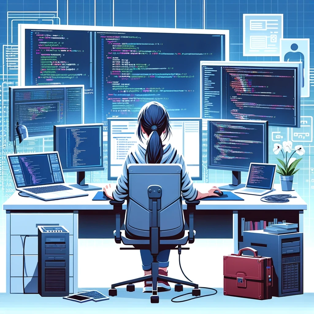 DALL·E 2024-02-26 16.34.18 - Illustration of a female Game Programmer at her technical workspace, surrounded by multiple computer monitors displaying code, algorithms, and softwar.webp