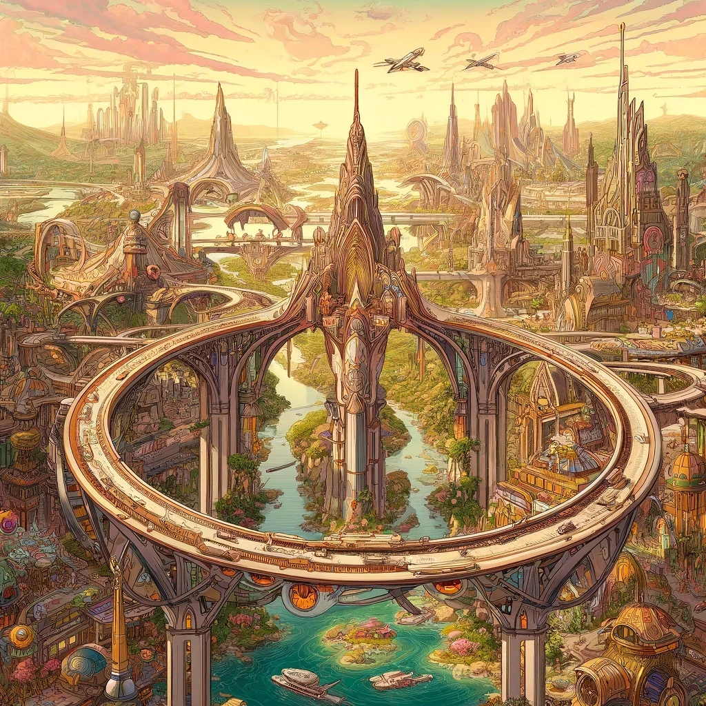 DALL·E 2024-04-23 12.46.22 - Revise the depiction of Mautrasien's capital, including the symbolic bridge that connects the twin sites of Arrival and Departure, in a style that clo.webp