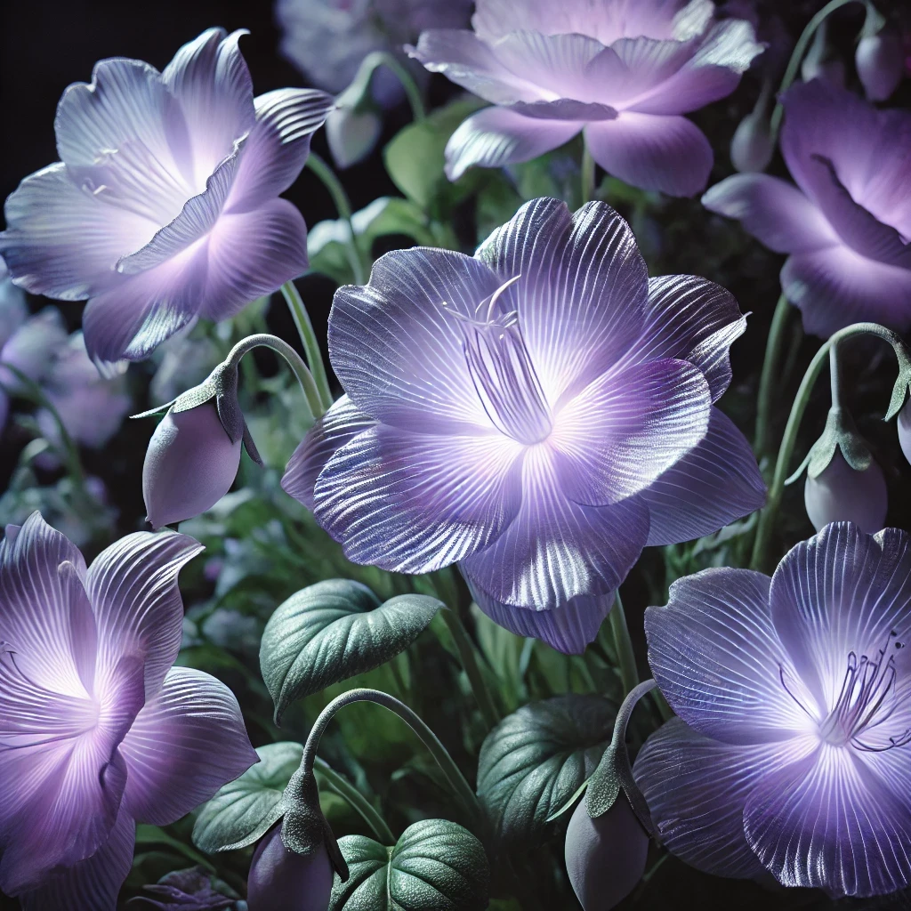 DALL·E 2024-08-14 15.19.18 - A magical scene featuring 'Moonlight Flowers' with delicate petals in soft pastel lavender hues that emit a gentle, phosphorescent shimmer as if they .webp