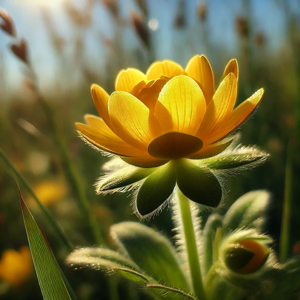 DALL·E 2024-08-14 15.21.43 - A delicate, small glowing yellow 'Sunflower Herb' blossom standing gently in a bright daytime meadow. The small flower has soft, radiant yellow petals.webp