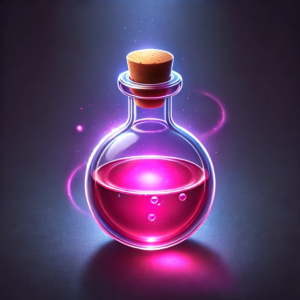 DALL·E 2024-08-14 15.30.37 - A fantasy-style vial similar to the one shown, but with a bright magenta liquid inside. The vial has a rounded, bulbous shape with a cork stopper, con.webp