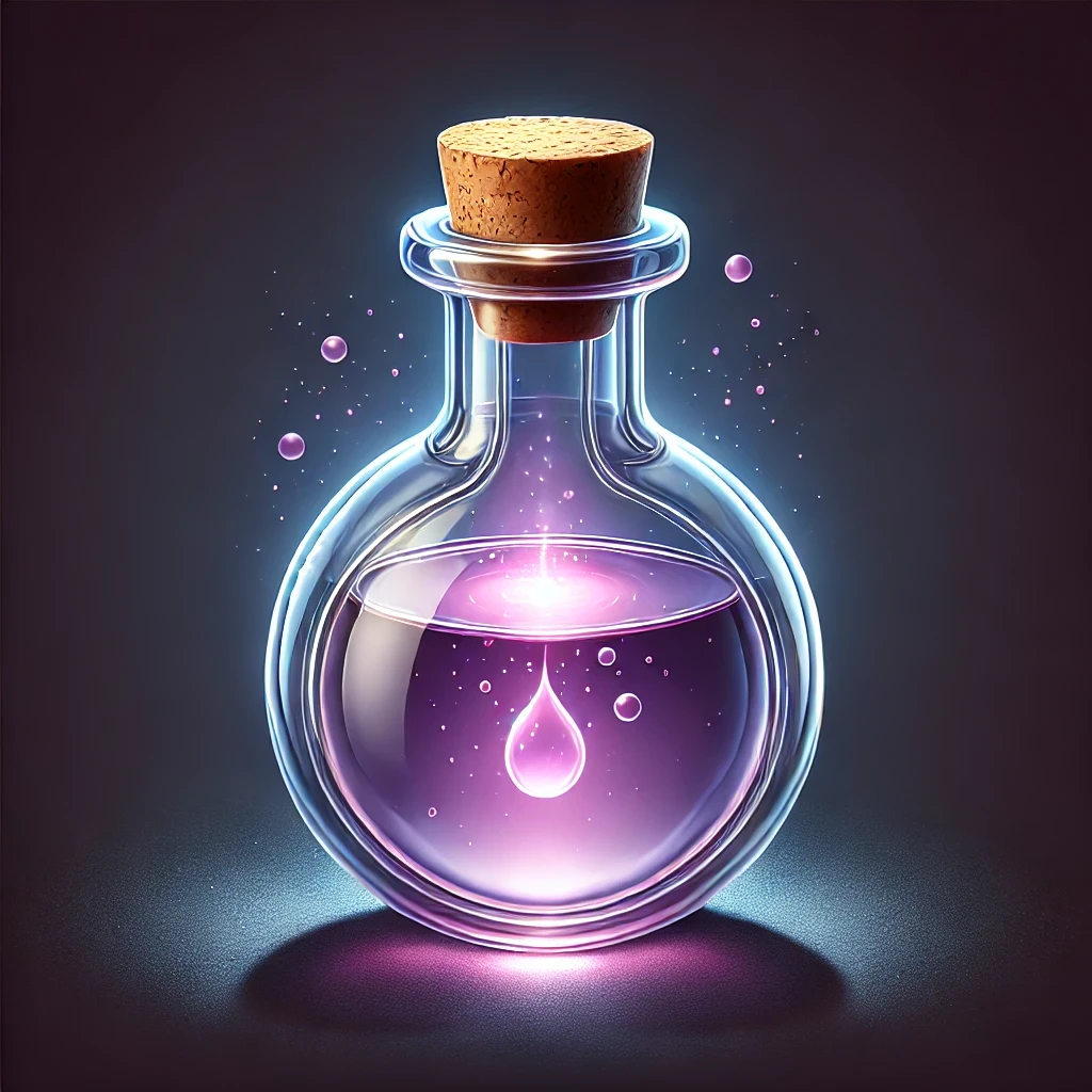 DALL·E 2024-08-14 15.30.48 - A fantasy-style vial similar to the one shown, but transparent. The vial has a rounded, bulbous shape with a cork stopper, containing a dark lilac pot.webp