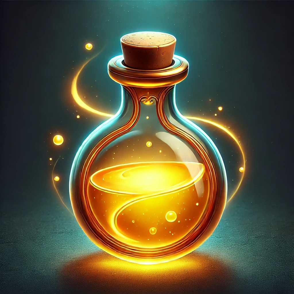 DALL·E 2024-08-14 15.31.45 - A fantasy-style vial similar to the one shown, but with a bright, glowing golden liquid inside. The vial has a rounded, bulbous shape with a cork stop.webp