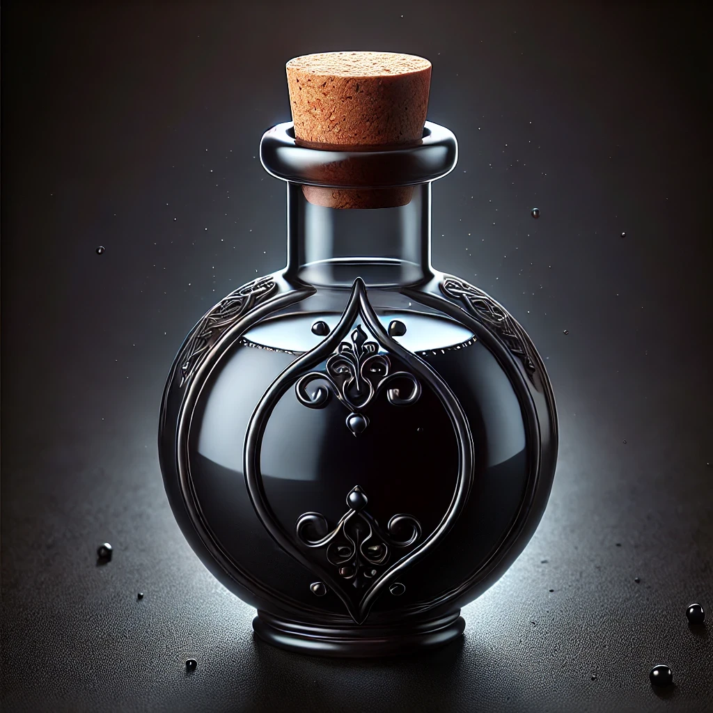 DALL·E 2024-08-14 15.34.12 - A fantasy-style vial similar to the one shown, but with a dark, opaque liquid inside. The vial has a rounded, bulbous shape with a cork stopper, conta.webp