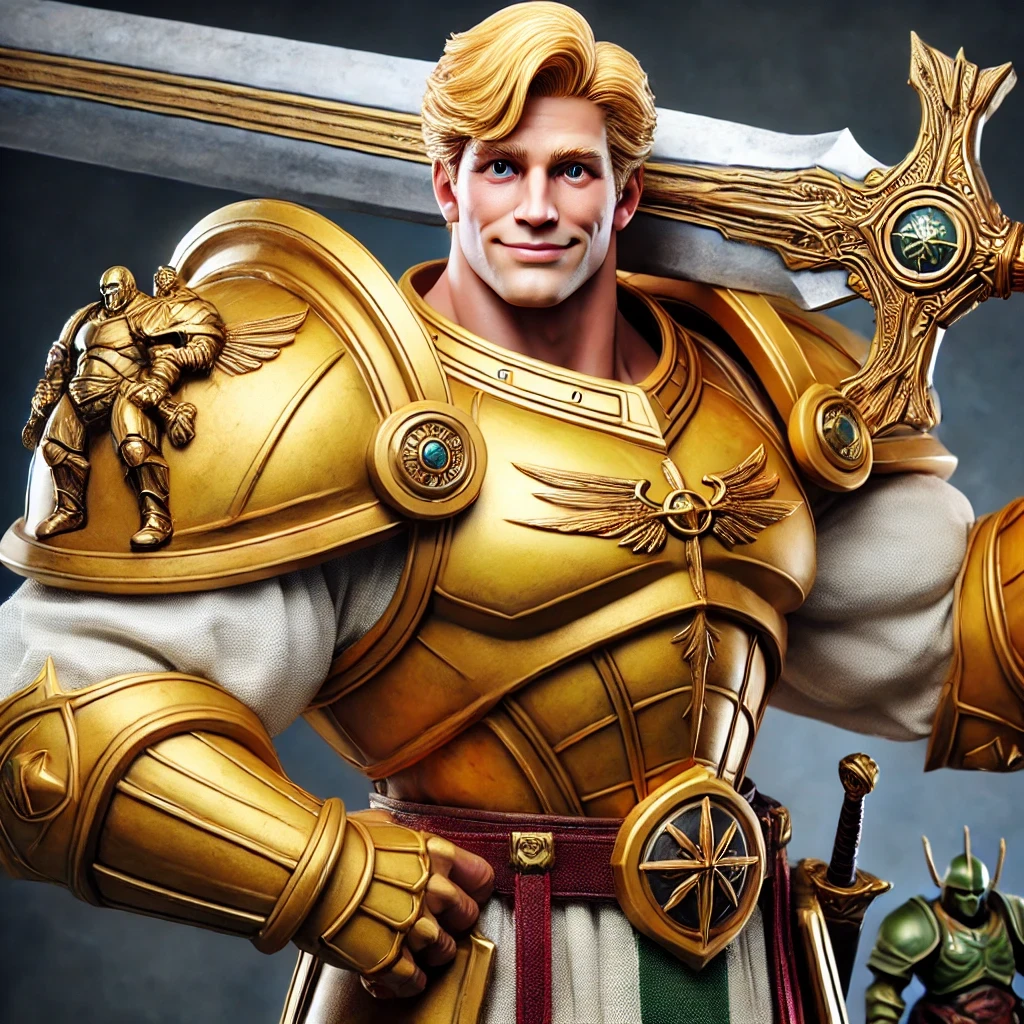 DALL·E 2024-10-24 17.40.30 - A more exaggerated, realistic depiction of a young, overly muscular paladin named Erich Goldglanz. He has blonde hair, a clean-shaven face, and a stro.webp